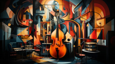The melodic harmony of strings fills the vibrant room, as the grand cello stands alongside a colorful wall adorned with musical art, while a guitar, mandolin, and viol rest in the backgroundの素材