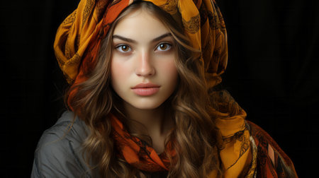 A stylish woman exudes confidence as she poses indoors, her head adorned with a chic scarf that adds a touch of elegance to her portraitの素材