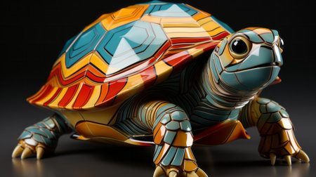 A vibrant toy tortoise stands out against a dark backdrop, its colorful shell reflecting the wild and whimsical nature of its surroundingsの素材