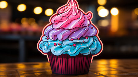 Indulge in a decadent treat, as a fluffy confection adorned with swirling pink and blue icing beckons with its creamy sweetness and playful charm, a perfect snack to satisfy your cravingの素材