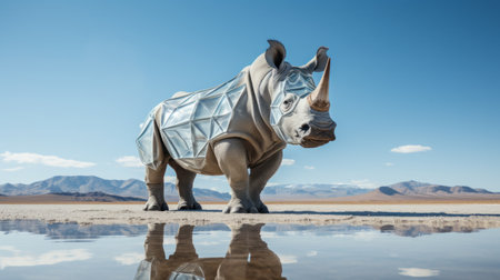 A majestic rhinoceros stands tall in the vast desert, its rugged statue-like form contrasting against the endless sky and distant mountains, while the ground beneath it remains barren and dryの素材