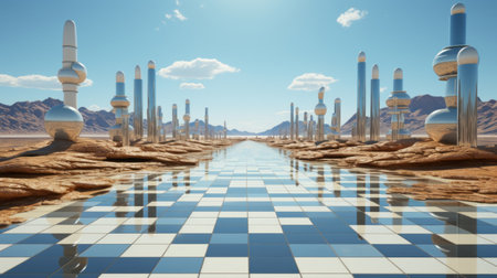 A majestic desert landscape is pierced by a winding road, flanked by towering skyscrapers and mosques, all under the vast expanse of a cloudy sky dotted with tall silver polesの素材