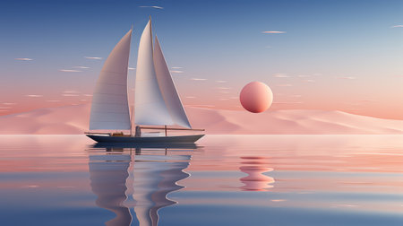 A majestic sailboat glides across the shimmering water, its tall mast reaching towards the vibrant sunset, a symbol of freedom and adventure on the open seasの素材