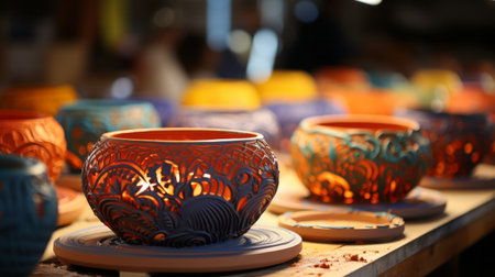 A delicate porcelain bowl sits atop a rustic wooden table, its intricate ceramic design capturing the essence of elegance and grace within the confines of an indoor settingの素材
