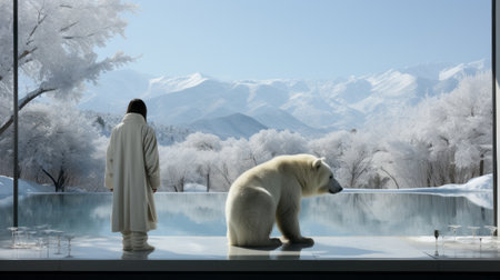 A solitary figure braving the harsh winter landscape, standing beside a majestic polar bear, both creatures in their element among the rugged mountain peaks and blankets of glistening snowの素材