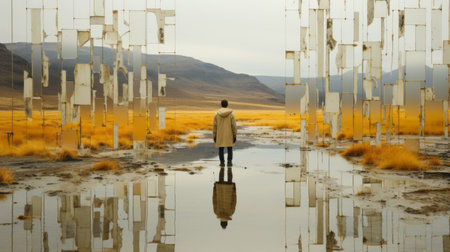 A lone figure, drenched in the reflection of towering mountains, stands amidst the vastness of the open sky, his feet planted firmly in a rippling puddle, a symbol of fluidity and wildness of natureの素材