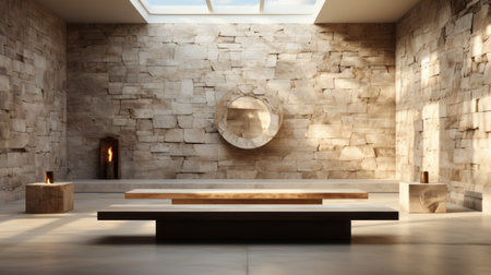 A serene sanctuary awaits within the walls, where a stone bench sits below a reflective portal, surrounded by intricate art and a polished floor, as ceiling embraces the whimsy of this indoor havenの素材