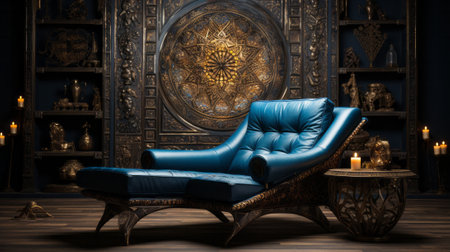A striking blue couch sits boldly in a dimly lit room, its sleek design inviting you to sink into its comfortable embrace and escape the chaos of the outside worldの素材