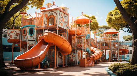 Amidst the boundless blue sky and towering trees, children frolic and play on the outdoor playground, racing down the twisting slide with wild abandonの素材