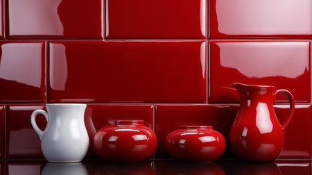 A collection of fiery red ceramic vessels adorns counter, each one unique blend of jug, pottery, and earthenware, creating an indoor display reminiscent of whimsical teapot and porcelain wall artの素材