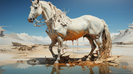 A majestic mare stands tall amidst the vast desert, her wild mane flowing in the wind as she gazes at the endless sky, longing for the cool touch of water on the scorching ground covered in snowの素材