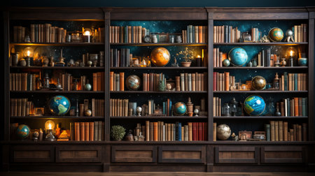 An indoor library comes to life at night, as a collection of books shines under the soft light of a bookshelf, inviting us to dive into its endless world of knowledge and imaginationの素材