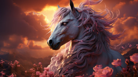 A majestic mammal, its long mane flowing in the breeze, stands tall among the pink flowers as fluffy clouds drift by in the endless blue skyの素材