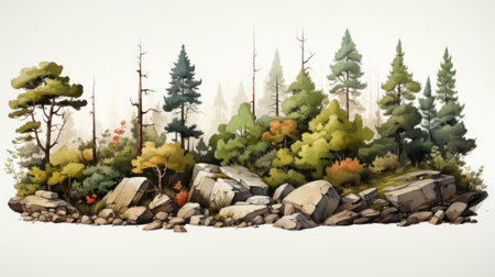 An untamed canvas of vibrant strokes brings to life a majestic spruce tree standing tall among a rugged landscape of stoic rocks and lush greenery, inviting viewer to embrace raw beauty of natureの素材