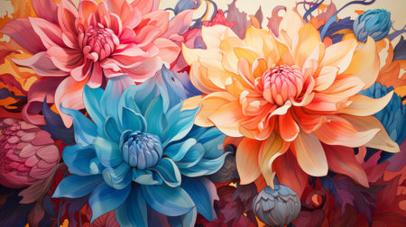 A vibrant canvas bursting with the delicate petals of dahlia flowers, an explosion of color and life that embodies the beauty of nature and the power of artistic expressionの素材