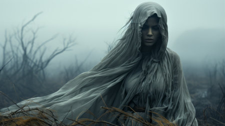 A woman in a white robe stands beneath a foggy sky, her hair wild and untamed, as she embraces the raw beauty of the outdoor natureの素材