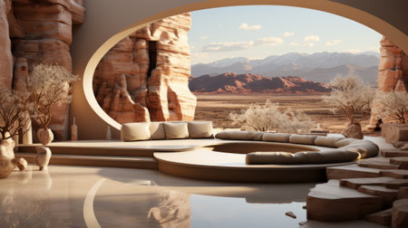 Amidst the vast mountain landscape, a room with a round table rests beneath a brilliant sky, surrounded by a lush plant arch and grounded by a towering rock formationの素材