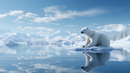 As the arctic wind whips through the snowy mountains, a majestic polar bear sits peacefully on an ice floe, gazing out at the tranquil waters of the lake before himの素材