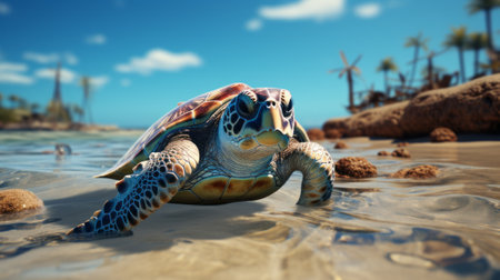 A solitary reptilian figure basks in the warm embrace of the sandy shore, as the vast expanse of ocean and sky beckons the wild spirit of this majestic turtleの素材