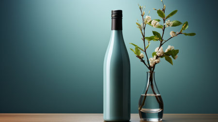 A vibrant indoor scene, adorned with a wall-mounted vase filled with a blooming branch and a bottle of delicious drink, exuding a sense of luxury and indulgenceの素材