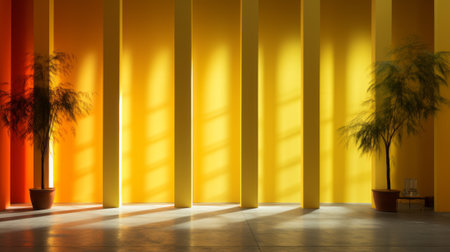 A cozy indoor oasis, bathed in warm amber light from a window, filled with tropical vibes from towering palm tree and accented by a striking column against the yellow walls adorned with vibrant plantの素材