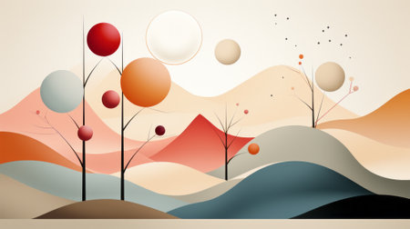 A vibrant, whimsical cartoon painting capturing the majestic beauty of nature's trees and mountains, with a unique and captivating art styleの素材