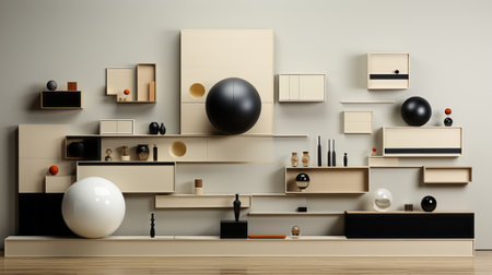 A vibrant wall display featuring a playful assortment of indoor objects, including a patterned ball, adds an eclectic touch to the modern design of the shelfの素材