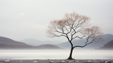 A solitary tree stands tall amidst a sea of fog, its branches reaching towards the winter sky as the mist gently caresses the tranquil lake below, all while the mountains loom in the distanceの素材