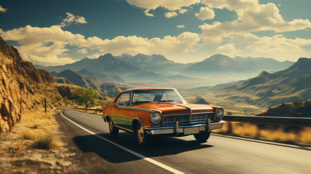 Roaring through the rugged terrain, a powerful car cuts through the crisp mountain air, its wheels churning up the grass as it blazes a trail towards the vast expanse of the open road aheadの素材