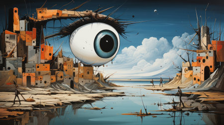 A city's reflection shimmers in the eye of a beholder, as a ship sets sail from the dock into the wild waters of possibilityの素材