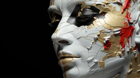 A striking woman adorned in gold and black makeup stands before a clothing-clad statue, her mask-like expression exuding an aura of artful mystery and masqueradeの素材