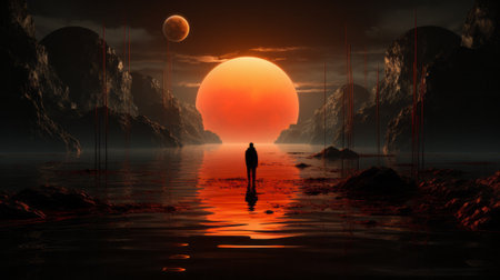 A lone figure basks in the golden glow of the sun, their silhouette reflected in the rippling water as the moon begins its ascent, painting the sky with hues of pink and orange on a serene beachの素材