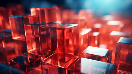 A dazzling array of fiery red glass cubes, aglow with brilliant light, beckoning with a promise of endless possibilitiesの素材