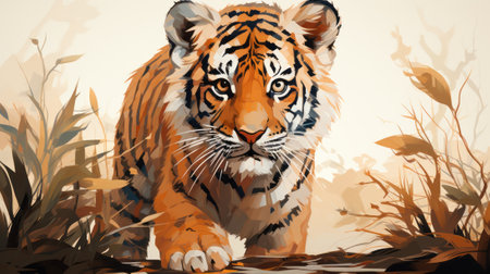 A majestic tiger prowls through a lush landscape, its fierce presence captured in a stunning painting that celebrates the untamed beauty of the natural worldの素材