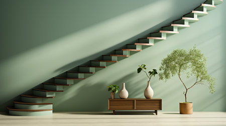 An elegant indoor oasis, a symphony of design and nature, as a winding staircase adorned with houseplants and delicate vases invites you to ascend towards your dreamsの素材