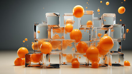 A vibrant heap of juicy oranges levitates among a sea of pristine cubes, evoking a sense of whimsy and surrealism in an indoor settingの素材