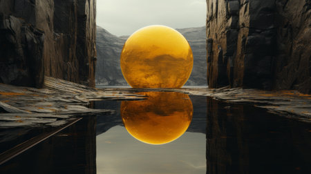 A vibrant yellow ball dances on the rippling surface of a tranquil river, framed by the vast blue sky and towering mountains, while its reflection gleams against rugged rocks in idyllic outdoor sceneの素材