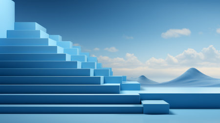 Ascending towards the vast expanse of the sky, a set of blue stairs beckon with the promise of a wild adventure among the clouds and majestic mountains in the distanceの素材