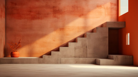 A mesmerizing spiral of stairs in an otherwise empty room, adorned with intricate wall art, evokes a sense of boundless exploration and creativity within the confines of a rigid buildingの素材