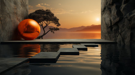 As fiery orange sun sets over tranquil lake, stone walkway leads to a giant ball atop it, its reflection shimmering in the calm water, surrounded by lush trees and river flowing nearbyの素材