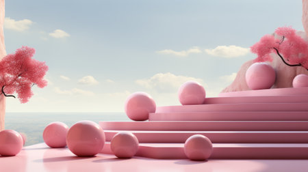 A dreamy day unfolds as vibrant pink spheres float atop a sea of matching petals, the sky above a canvas of fluffy clouds in an outdoor paradiseの素材