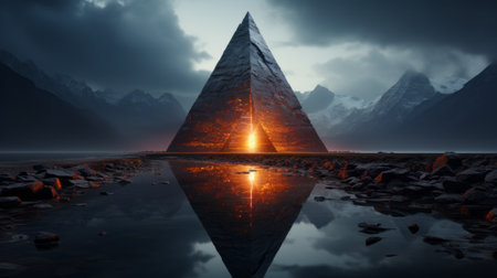 As the sky fades from a fiery sunrise to a mysterious night, a pyramid stands tall amidst the foggy landscape, its reflection dancing on the still waters as a blazing fire ignites in its centerの素材
