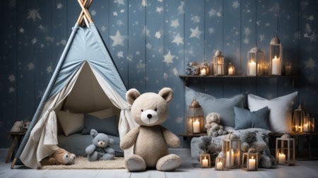 A beloved toy bear stands proudly on a wall adorned with flickering candles, basking in the warm glow of christmas lights, in the cozy confines of an indoor roomの素材