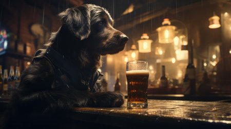 A curious canine gazes longingly at a cold, golden brew within the walls of a warmly lit room, torn between temptation and obedienceの素材