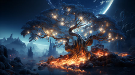 A majestic tree, its branches aglow with an otherworldly radiance, stands boldly against the dark night sky as molten lava flows freely from its rootsの素材