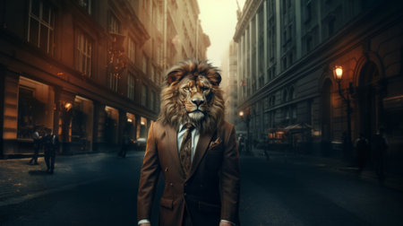 A sharply-dressed businessman stands confidently on the bustling city street, his tailored suit and tie reflecting the towering buildings and busy outdoor atmosphereの素材