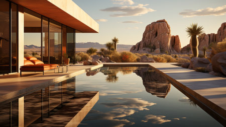 An idyllic landscape of vibrant skies and tranquil waters, where a majestic building stands tall amidst the natural beauty of trees and rocksの素材