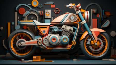 A sleek and powerful motorbike with a multitude of parts, from its rugged tires and shiny wheels to its roaring engine and intricate suspensionの素材