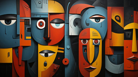 An explosion of vibrant expressions and bold strokes, this eclectic art piece showcases a lively group of cartoon faces in a dynamic blend of painting, drawing, and graffitiの素材