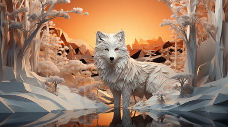 The majestic white wolf, a stunning mammal of the wild, stands tall in the serene snowy forest, a breathtaking piece of art amidst the stillnessの素材